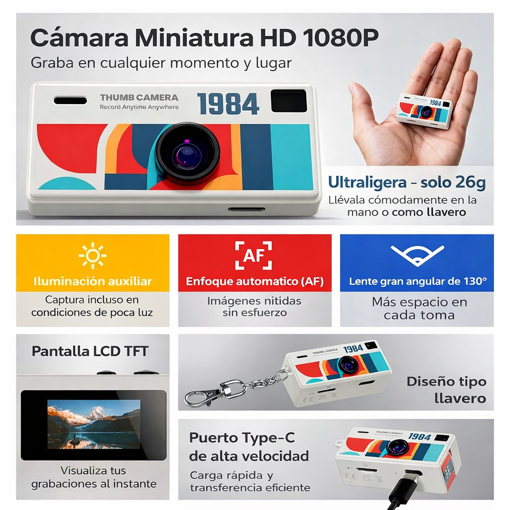 Mini Cámara HD 1080P Tipo Llavero + Tarjeta Micro SD | Cámara Portátil Ultraligera