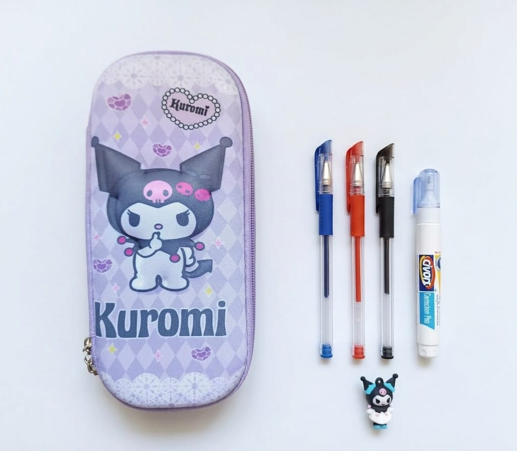 Kit Escolar Cartuchera Kuromi + 3 Lapiceros + Corrector Líquido