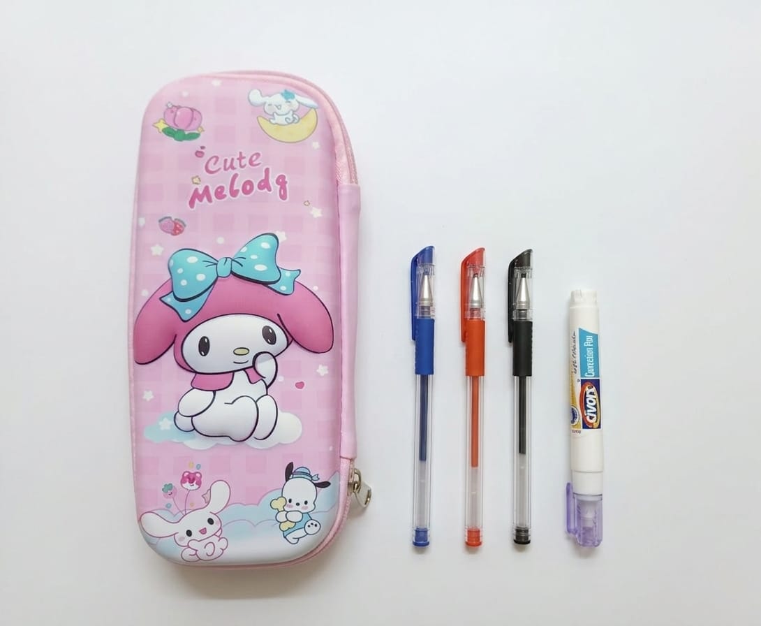 Kit Escolar Cartuchera My Melody + 3 Lapiceros + Corrector Líquido