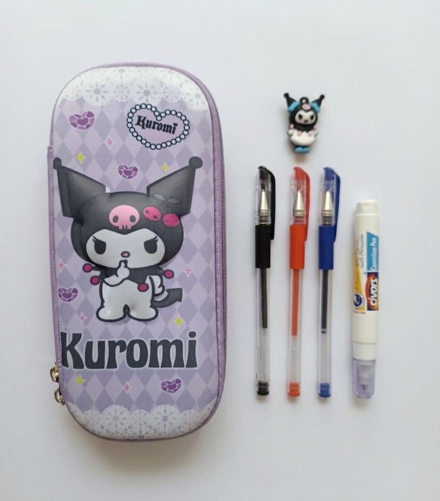 Kit Escolar Cartuchera Kuromi + 3 Lapiceros + Corrector Líquido