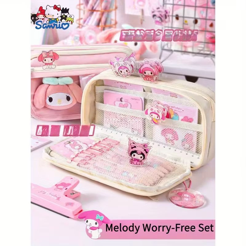 Kit Escolar Cartuchera My Melody + 3 Lapiceros + Corrector Líquido + stickers y peluche